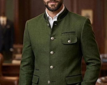 Green Austrian Trachten Jacket, Mens Tyrolean Wool Blazer, Steampunk Nehru Collar Military Tunic