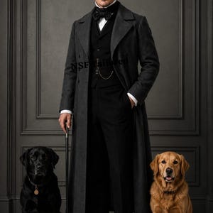 May include: A man in a dark gray overcoat, black suit, and bow tie stands with a cane, flanked by a black Labrador and a golden retriever. The dogs sit attentively. The background is a dark gray wall.