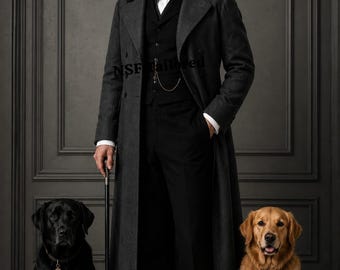 Victorian Men Tailcoat Dark Grey Jamawar Waistcoat Formal Gothic Wedding Coat Outfit Dogs