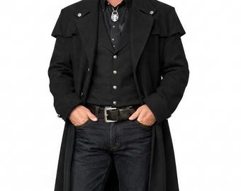 Men's Vintage Black Wool Duster Coat with Cape - Victorian Western