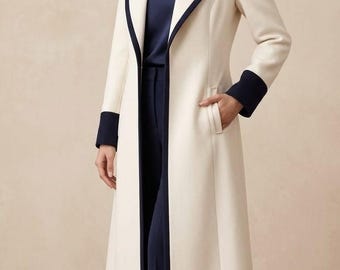 Women's Luxury Off White Wool Long Coat, Navy Blue Trim Elegant Tailored Winter Jacket
