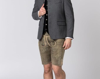 Men Grey Trachten Jacket with Lederhosen, Bavarian Oktoberfest Outfit, Alpine Wool Blazer Suit