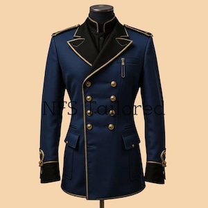 Marineblauw militair jack met dubbele rij knopen - gouden biezen ceremonieel officiersuniform