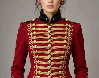 Women Red Military Hussar Jacket Gold Braided Napoleonic Coat Gothic Steampunk Officer Blazer