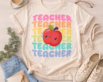 Retro Teacher PNG, Cute Teacher Apple Shirt Design, Teacher Sublimation PNG, Teacher Appreciation Gift, Rainbow Teacher, Instant Download