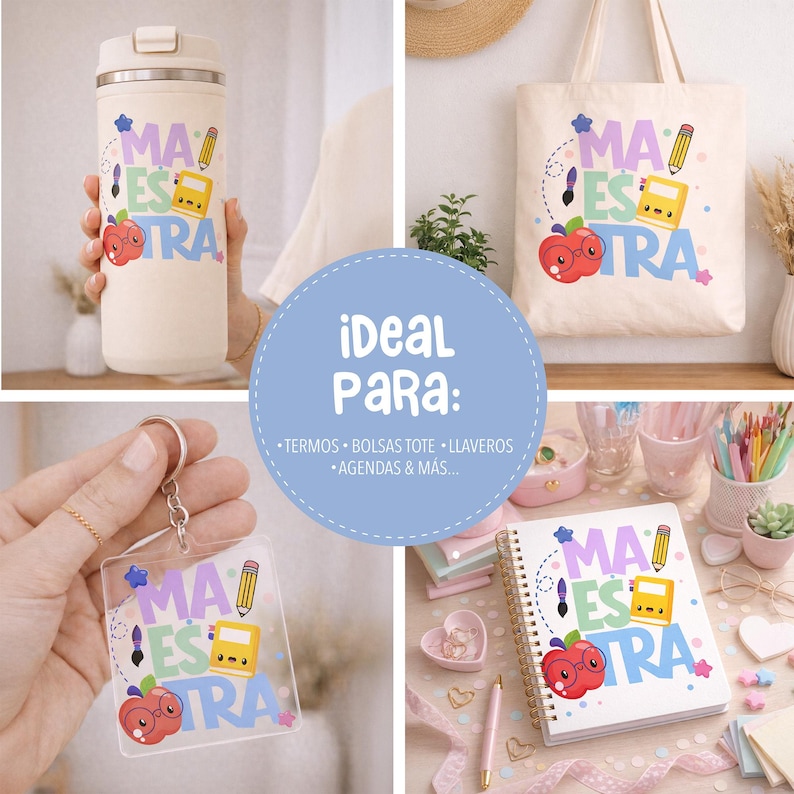 May include: A collection of teacher-themed items, including a cream-colored tumbler, tote bag, keychain, and spiral notebook. Each item features the word "MAESTRA" with a pencil, a school bus, and an apple illustration.