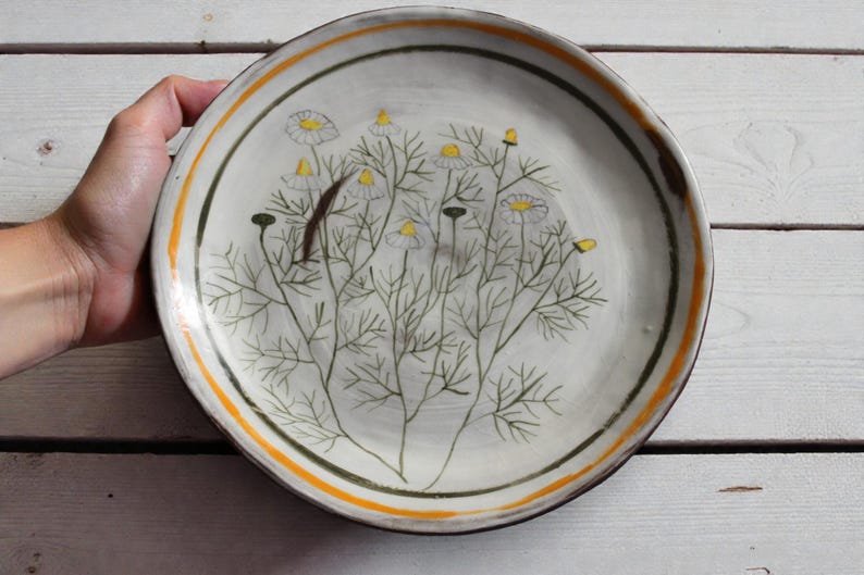 May include: A ceramic plate with a hand-painted floral design. The plate features a white base with a detailed illustration of chamomile flowers and green stems. The rim has a brown edge with a yellow and green stripe.