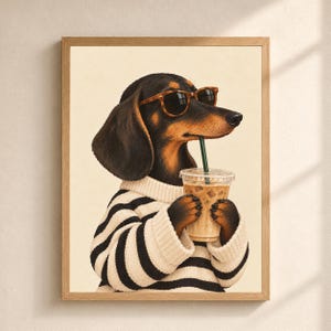 Funny Dachshund Coffee Wall Art, Cool Black and Tan Dog with Sunglasses, Iced Coffee Print, Dog Lover Kitchen Decor, Digital Download