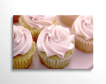 Cupcakes roses | Toile ou poster en papier lustré sans cadre / encadré | Art mural de boulangerie | Photographie culinaire | Décoration d'intérieur