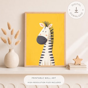 May include: A framed wall art print featuring a stylized illustration of a zebra with a black and white striped pattern against a solid yellow background. The zebra has a dark muzzle, pink inner ears, and a black mane. A digital download icon is visible.