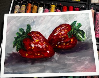 Lámina artística de fresas dulces en pastel al óleo, 5 x 7 pulgadas.