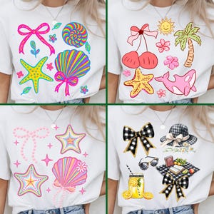 May include: White t-shirts with colorful summer-themed graphics. Designs include a pink bow, starfish, seashell, and a swirl. Other designs include cherries, a sun, palm tree, and a whale. The shirts are casual and fun.