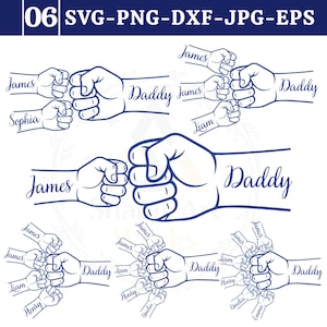 Op de afbeelding: Een digitaal ontwerp met gestileerde illustraties van vuisten die tegen elkaar botsen. Het woord "Daddy" staat op de onderarm van een vuist, met andere vuisten die zijn gelabeld met namen als "James", "Sophia", "Liam", "Henry", "Amelia" en "Emma".