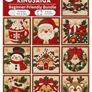 May include: A digital bundle of 10 Christmas Kinusaiga patterns featuring festive designs including a tree, Santa, snowman, gingerbread house, wreath, stocking, and reindeer. The text reads 10 CHRISTMAS KINUSAIGA Beginner-Friendly Bundle.