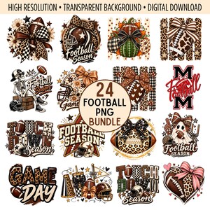 Puede incluir: Un paquete digital de 24 diseños gráficos de fútbol americano con balones, cascos, estampados de leopardo, lazos, calabazas, esqueletos y fantasmas, con textos que incluyen Football Season, Touchdown Season y Game Day.