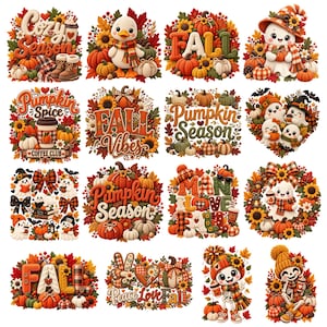 Pode incluir: Uma coleção de dezasseis autocolantes com tema de outono, apresentando ilustrações em estilo de croché de abóboras, girassóis, fantasmas, esqueletos e folhagem. Os textos incluem Cozy Season, Fall, Pumpkin Spice, Fall Vibes, Pumpkin Season e Peace Love Fall.