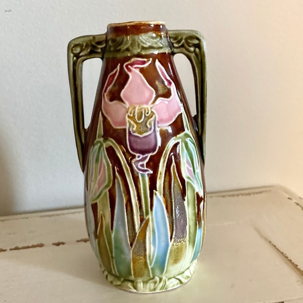 Majolica Iris Bud Vase, Antique 1900's Onnaing  French Art Pottery, Art Deco Majolica Vase, Majolica 5" Rare Find Beautiful Iris French Vase