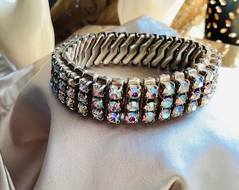 Aurora Borealis Rhinestone Bracelet, Stretch Band 1950's Rhinestone 3 layer Bracelet, Ladies Vintage Hollywood Bling Bracelet
