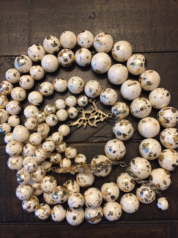 Vintage Triple Strand Beads Gold + White Flecked … - image 1