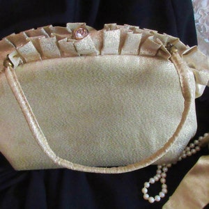 Gold Lame Evening Bag, Ruffled Edge Purse, Vintage Rhinestone Kiss Clasp, 1960&#39;s Clutch Purse , Bridal Accessory ,MCM Fashion