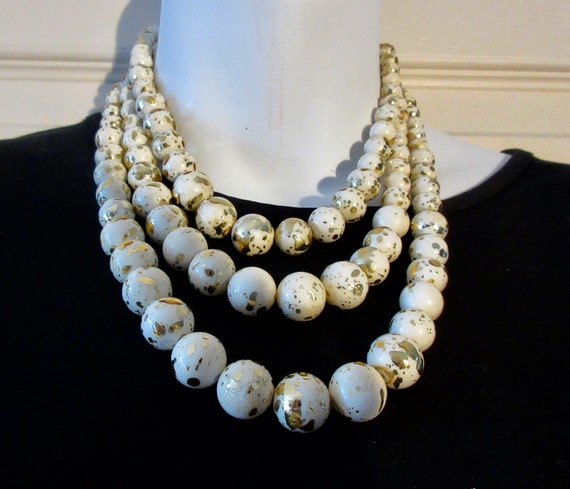 Vintage Triple Strand Beads Gold + White Flecked … - image 2