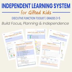 Peut inclure: Plusieurs feuilles de travail imprimables pour un système d'apprentissage indépendant, conçu pour les enfants doués. Les feuilles de travail comprennent des plans de travail quotidiens, des contrôles de la concentration et du temps, et des outils pour développer la concentration, la planification et l'indépendance.