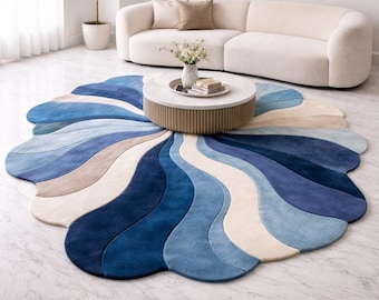Hand Tufted Abstract Wave Rug – Irregular Flower Shape Blue Cream Carpet