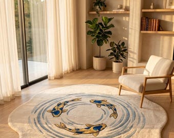 Hand Tufted Fish Rug, Japanese Style Wool Carpet, Irregular Living Room Decor