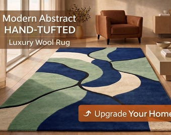 Hand Tufted Wool Rug, Modern Abstract Blue Green Cream Area Carpet