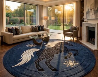 Hand Tufted Round Horse Rug, Modern Blue Artistic Animal Carpet
