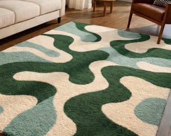Hand Tufted Stylish Modern Abstract Green & Cream Plush Area Rug