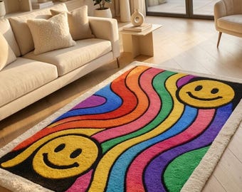Hand-Tufted Smiley Face Rainbow Wave Rug, Soft Plush Funky Room Decor