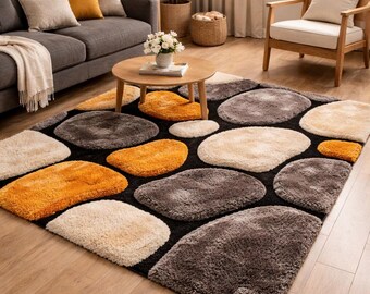Hand Tufted Abstract Pebble Rug, Modern Scandinavian Plush Wool Carpet