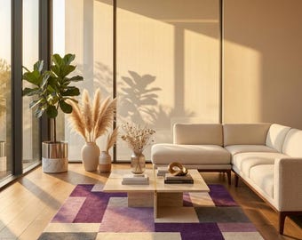 Hand Tufted Wool Area Rug – Modern Geometric Purple Beige, Plush Living Room Floor Rug