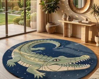 Hand Tufted Crocodile Round Rug, Blue Kids Room Decor, Modern Statement Area Rug