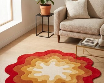 Hand Tufted Wool Rug, Abstract Wavy Shape, Red Orange Gradient Carpet
