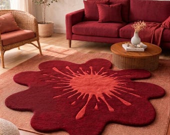 Hand Tufted Wool Abstract Flower Rug, Red Irregular Splash Carpet, Modern Living Room Decor