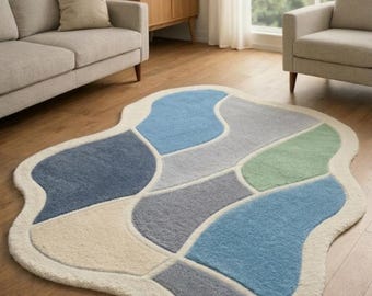 Hand Tufted Abstract Wool Rug, Irregular Shape Blue Green Cream Carpet