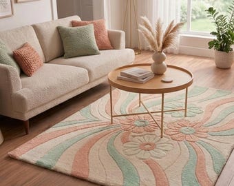 Pastel Floral Wave Area Rug – Soft Plush Living Room Carpet