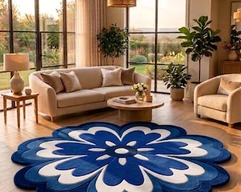 Blue Floral Hand Tufted Wool Rug, Irregular Flower Shape Carpet