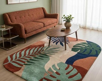Hand Tufted Tropical Leaf Rug – Abstract Botanical Monstera Palm Carpet