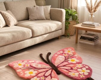 Hand-Tufted Pink Butterfly Rug, Floral Shaped Soft Wool Carpet, Kids Room Decor
