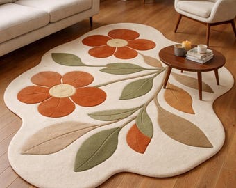 Hand Tufted Wool Floral Rug, Irregular Shape Boho Living Room Carpet