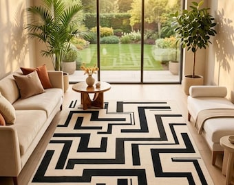 Hand Tufted Wool Rug, Black Ivory Geometric Maze, Minimalist Living Room Carpet