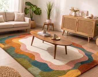 Hand Tufted Abstract Wavy Wool Rug, Boho Living Room Statement Carpet