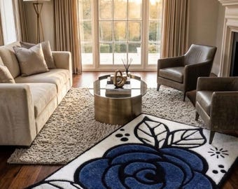 Hand Tufted Blue Rose Wool Rug, Modern Floral Plush Carpet, Living Room Floor Decor