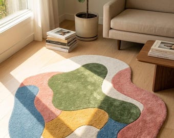 Hand Tufted Abstract Pastel Wool Rug, Irregular Shape Plush Carpet