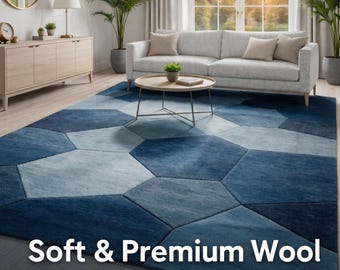 Hand Tufted Wool Rug, Geometric Hexagon Blue Area Carpet, Modern Minimalist Home Decor