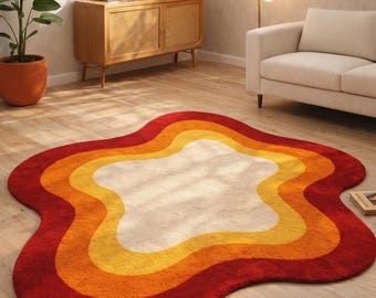 Retro Sunset Hand Tufted Rug – Irregular Abstract Boho Area Carpet