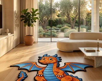 Hand Tufted Cartoon Dragon Rug – Orange Blue Fantasy Floor Carpet – Kids Room Decor
